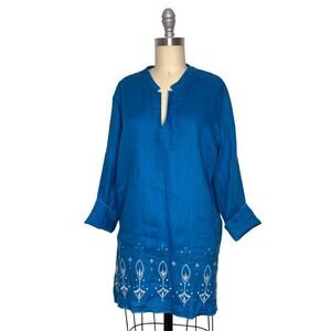 Dana Buchman Size 12 100% Linen Tunic Top Embroidered Teal Blue Long Sleeve